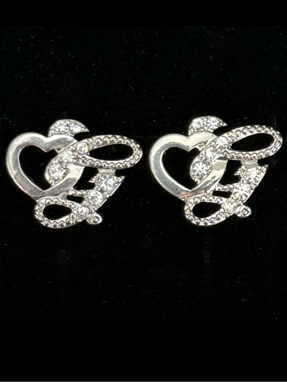 Vintage Silvertone bling, heart shaped pierced earrings